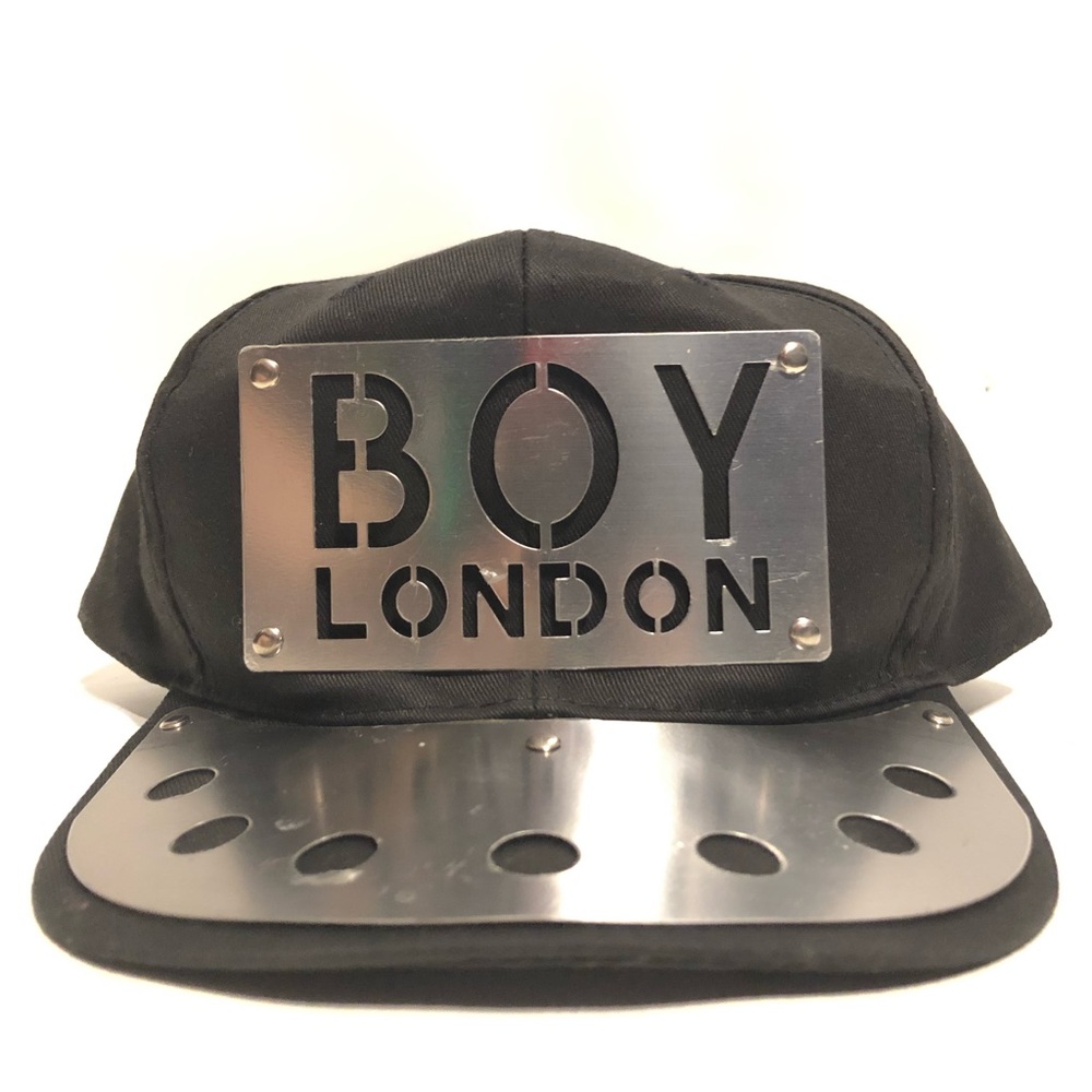 Vintage BOY London Hat RARE 80s Metal Plate Brim Silver Black Urban Cotton